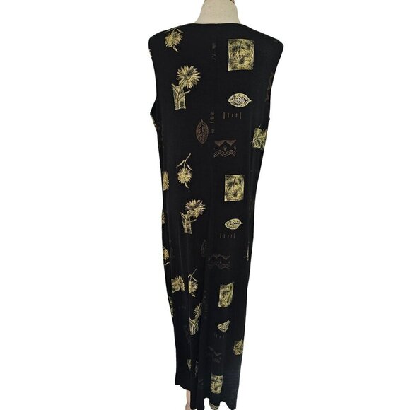 Es Se Stretch Nylon Knit Black Maxi Dress Plus 1XL Gold Foral Print Slveless 90s - Picture 3 of 11
